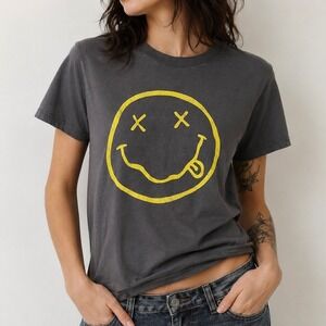 Nirvana Smiley Face Graphic Band Tee Gray Yellow Grunge Rock T Shirt XS